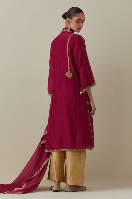 Shop Bunka Red Silk, Chanderi, Tissue Zari, Stones V-neck Ambreen Work Kurta Pant Set at Aza Fashions Shop_Bunka_Red Silk, Chanderi, Tissue Zari, Stones V-neck Ambreen Work Kurta Pant Set _at_Aza_Fashions