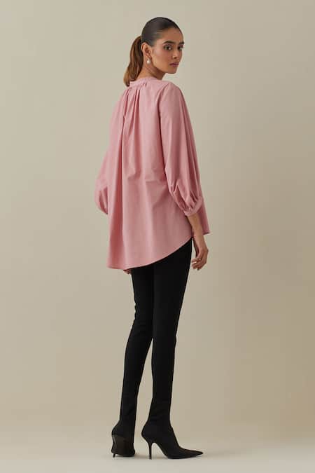 Shop Bunka Pink 100% Cotton Poplin Embroidered Aari Round Asha Shirt at Aza Fashions Shop_Bunka_Pink 100% Cotton Poplin Embroidered Aari Round Asha Shirt _at_Aza_Fashions