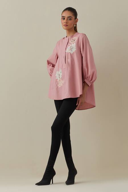 Bunka Pink 100% Cotton Poplin Embroidered Aari Round Asha Shirt Online at Aza Fashions Bunka_Pink 100% Cotton Poplin Embroidered Aari Round Asha Shirt _Online_at_Aza_Fashions