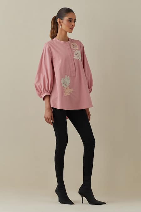 Buy Bunka Pink 100% Cotton Poplin Embroidered Aari Round Asha Shirt Online at Aza Fashions Buy_Bunka_Pink 100% Cotton Poplin Embroidered Aari Round Asha Shirt _Online_at_Aza_Fashions