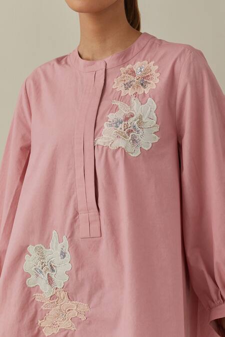 Shop Bunka Pink 100% Cotton Poplin Embroidered Aari Round Asha Shirt Online at Aza Fashions Shop_Bunka_Pink 100% Cotton Poplin Embroidered Aari Round Asha Shirt _Online_at_Aza_Fashions