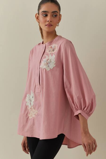 Bunka Pink 100% Cotton Poplin Embroidered Aari Round Asha Shirt at Aza Fashions Bunka_Pink 100% Cotton Poplin Embroidered Aari Round Asha Shirt _at_Aza_Fashions