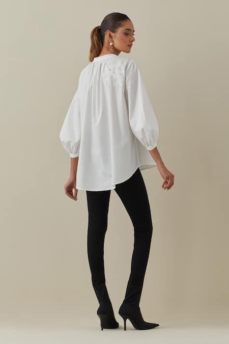 Shop Bunka White 100% Cotton Poplin Embroidered Aari Round Asha High Low Shirt at Aza Fashions Shop_Bunka_White 100% Cotton Poplin Embroidered Aari Round Asha High Low Shirt _at_Aza_Fashions