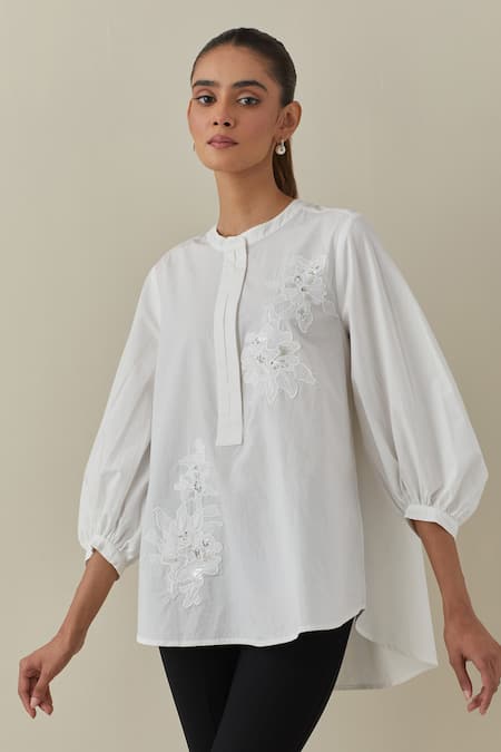 Bunka White 100% Cotton Poplin Embroidered Aari Round Asha High Low Shirt Online at Aza Fashions Bunka_White 100% Cotton Poplin Embroidered Aari Round Asha High Low Shirt _Online_at_Aza_Fashions