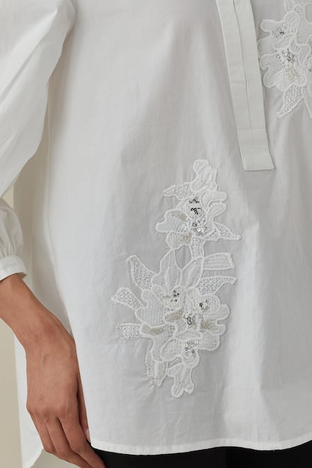 Buy Bunka White 100% Cotton Poplin Embroidered Aari Round Asha High Low Shirt Online at Aza Fashions Buy_Bunka_White 100% Cotton Poplin Embroidered Aari Round Asha High Low Shirt _Online_at_Aza_Fashions