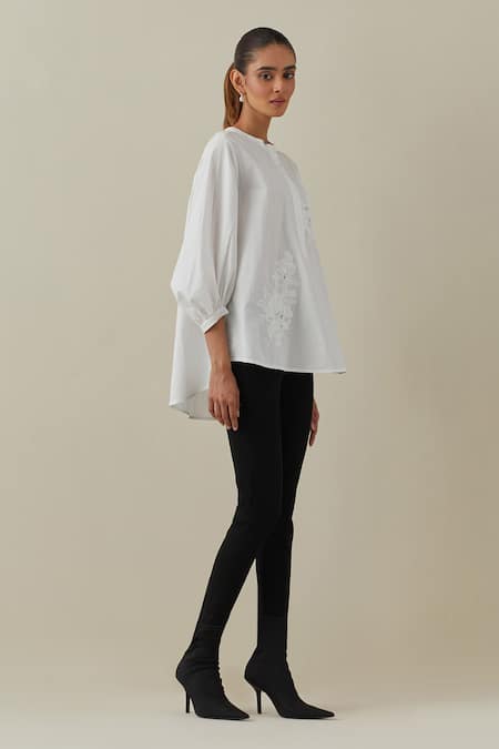 Shop Bunka White 100% Cotton Poplin Embroidered Aari Round Asha High Low Shirt Online at Aza Fashions Shop_Bunka_White 100% Cotton Poplin Embroidered Aari Round Asha High Low Shirt _Online_at_Aza_Fashions