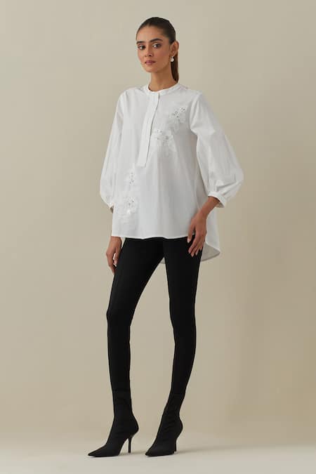 Bunka White 100% Cotton Poplin Embroidered Aari Round Asha High Low Shirt at Aza Fashions Bunka_White 100% Cotton Poplin Embroidered Aari Round Asha High Low Shirt _at_Aza_Fashions