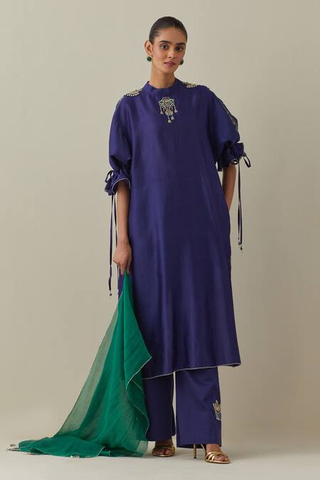 Bunka Blue Chanderi, Cotton Satin Stones, Embroidery Round Neck Bia Tunic Pant Set Online at Aza Fashions Bunka_Blue Chanderi, Cotton Satin Stones, Embroidery Round Neck Bia Tunic Pant Set _Online_at_Aza_Fashions
