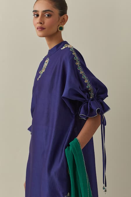 Shop Bunka Blue Chanderi, Cotton Satin Stones, Embroidery Round Neck Bia Tunic Pant Set Online at Aza Fashions Shop_Bunka_Blue Chanderi, Cotton Satin Stones, Embroidery Round Neck Bia Tunic Pant Set _Online_at_Aza_Fashions