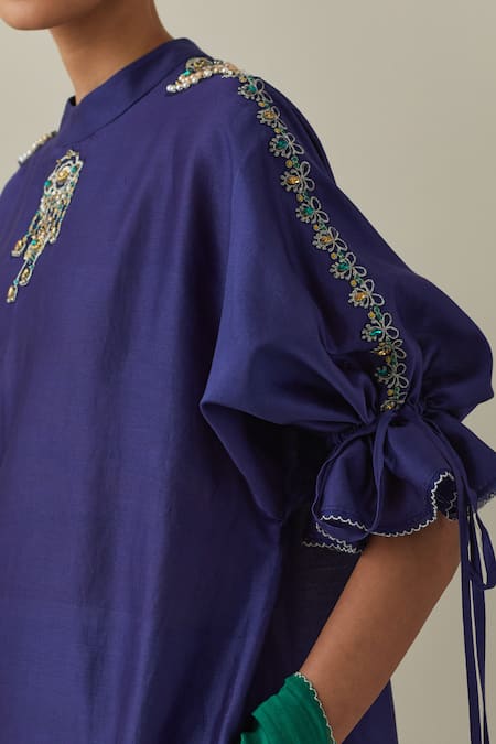 Bunka Blue Chanderi, Cotton Satin Stones, Embroidery Round Neck Bia Tunic Pant Set at Aza Fashions Bunka_Blue Chanderi, Cotton Satin Stones, Embroidery Round Neck Bia Tunic Pant Set _at_Aza_Fashions