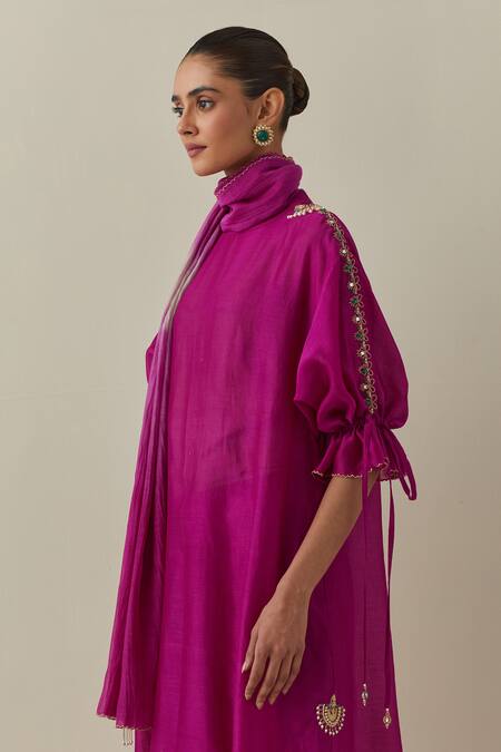 Buy Bunka Fuchsia Chanderi, Cotton Satin Stones Round Neck Bia Work Tunic Pant Set Online at Aza Fashions Buy_Bunka_Fuchsia Chanderi, Cotton Satin Stones Round Neck Bia Work Tunic Pant Set _Online_at_Aza_Fashions