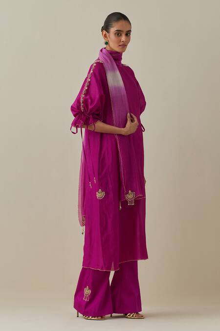 Shop Bunka Fuchsia Chanderi, Cotton Satin Stones Round Neck Bia Work Tunic Pant Set Online at Aza Fashions Shop_Bunka_Fuchsia Chanderi, Cotton Satin Stones Round Neck Bia Work Tunic Pant Set _Online_at_Aza_Fashions