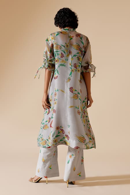 Shop Bunka Grey Tunic 100% Organza Printed Chintz High Round Bia at Aza Fashions Shop_Bunka_Grey Tunic 100% Organza Printed Chintz High Round Bia _at_Aza_Fashions