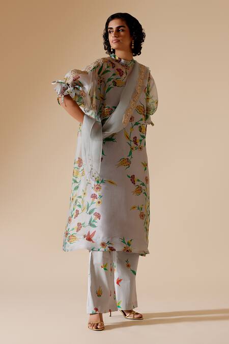 Bunka Grey Tunic 100% Organza Printed Chintz High Round Bia Online at Aza Fashions Bunka_Grey Tunic 100% Organza Printed Chintz High Round Bia _Online_at_Aza_Fashions