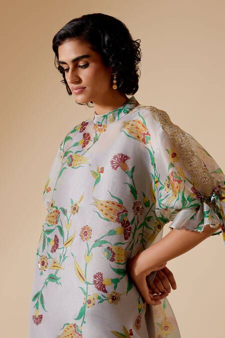 Buy Bunka Grey Tunic 100% Organza Printed Chintz High Round Bia Buy_Bunka_Grey Tunic 100% Organza Printed Chintz High Round Bia