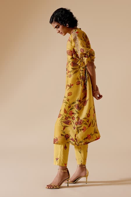 Shop Bunka Yellow 100% Organza Printed Chintz High Round Bia Floral Tunic at Aza Fashions Shop_Bunka_Yellow 100% Organza Printed Chintz High Round Bia Floral Tunic _at_Aza_Fashions