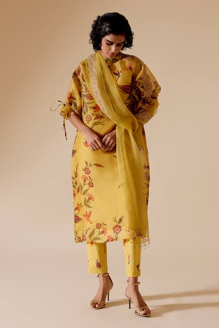 Bunka Yellow 100% Organza Printed Chintz High Round Bia Floral Tunic Online at Aza Fashions Bunka_Yellow 100% Organza Printed Chintz High Round Bia Floral Tunic _Online_at_Aza_Fashions