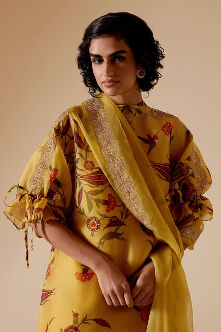 Buy Bunka Yellow 100% Organza Printed Chintz High Round Bia Floral Tunic Online at Aza Fashions Buy_Bunka_Yellow 100% Organza Printed Chintz High Round Bia Floral Tunic _Online_at_Aza_Fashions