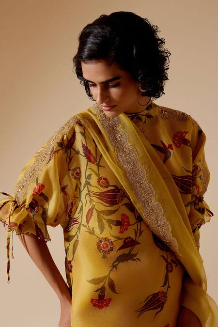 Shop Bunka Yellow 100% Organza Printed Chintz High Round Bia Floral Tunic Online at Aza Fashions Shop_Bunka_Yellow 100% Organza Printed Chintz High Round Bia Floral Tunic _Online_at_Aza_Fashions