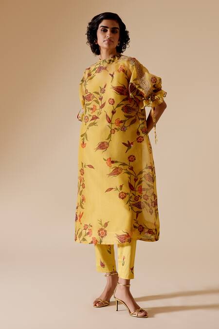 Bunka Yellow 100% Organza Printed Chintz High Round Bia Floral Tunic at Aza Fashions Bunka_Yellow 100% Organza Printed Chintz High Round Bia Floral Tunic _at_Aza_Fashions