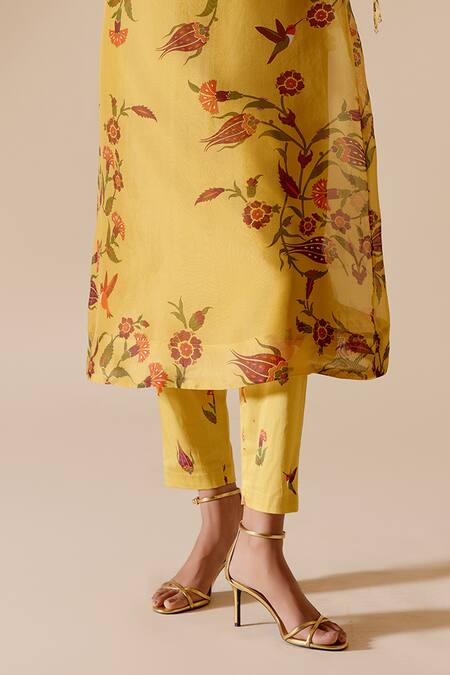 Buy Bunka Yellow 100% Organza Printed Chintz High Round Bia Floral Tunic Buy_Bunka_Yellow 100% Organza Printed Chintz High Round Bia Floral Tunic