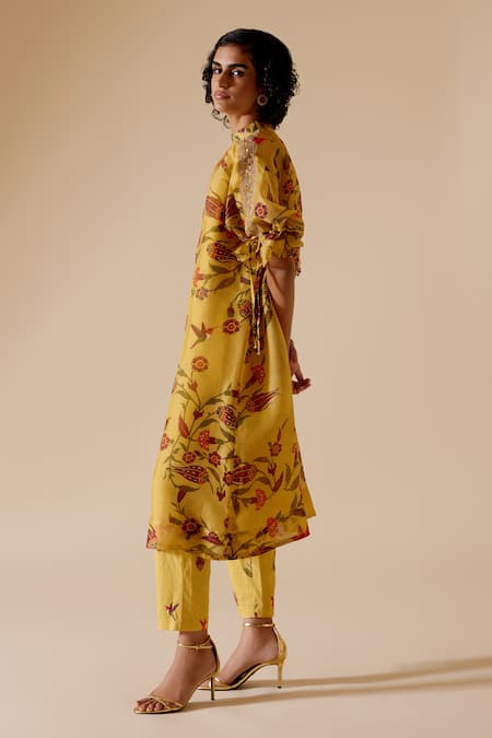 Shop Bunka Yellow Cotton Satin Printed Chintz Bia Pant at Aza Fashions Shop_Bunka_Yellow Cotton Satin Printed Chintz Bia Pant _at_Aza_Fashions
