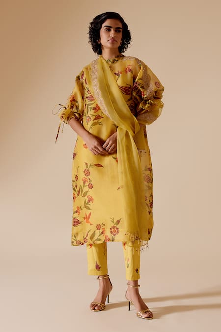 Bunka Yellow Cotton Satin Printed Chintz Bia Pant Online at Aza Fashions Bunka_Yellow Cotton Satin Printed Chintz Bia Pant _Online_at_Aza_Fashions