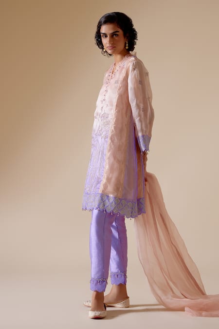 Shop Bunka Pink Organza, Tissue, Viscose Embroidery, Farida Floral Motif Kurta Pant Set Online at Aza Fashions Shop_Bunka_Pink Organza, Tissue, Viscose Embroidery, Farida Floral Motif Kurta Pant Set _Online_at_Aza_Fashions