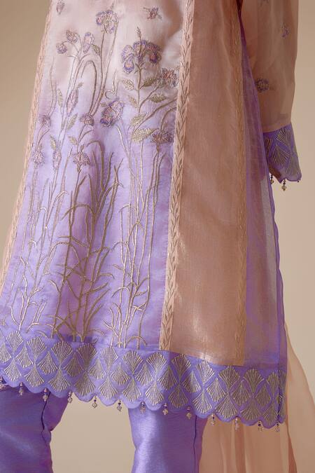 Buy Bunka Pink Organza, Tissue, Viscose Embroidery, Farida Floral Motif Kurta Pant Set Buy_Bunka_Pink Organza, Tissue, Viscose Embroidery, Farida Floral Motif Kurta Pant Set