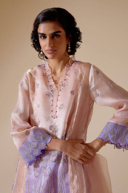 Shop Bunka Pink Organza, Tissue, Viscose Embroidery, Farida Floral Motif Kurta Pant Set Shop_Bunka_Pink Organza, Tissue, Viscose Embroidery, Farida Floral Motif Kurta Pant Set