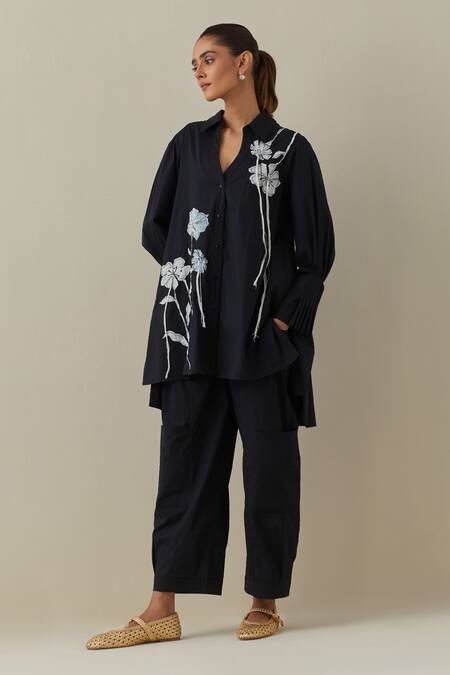 Bunka Black 100% Cotton Embroidered Floral Applique Collared Nada Patchwork Shirt Online at Aza Fashions Bunka_Black 100% Cotton Embroidered Floral Applique Collared Nada Patchwork Shirt _Online_at_Aza_Fashions