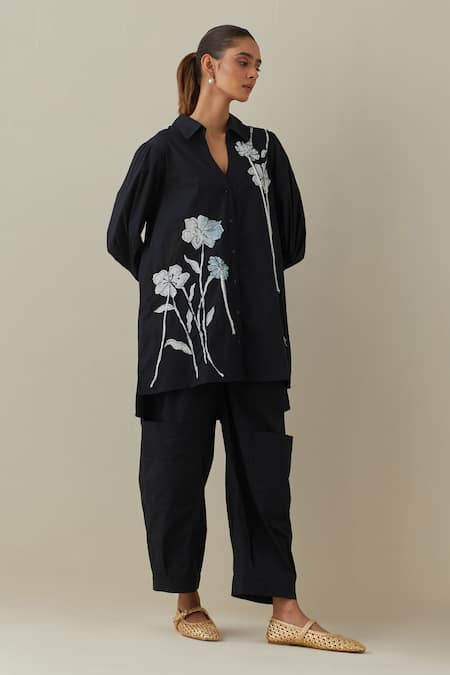 Buy Bunka Black 100% Cotton Embroidered Floral Applique Collared Nada Patchwork Shirt Online at Aza Fashions Buy_Bunka_Black 100% Cotton Embroidered Floral Applique Collared Nada Patchwork Shirt _Online_at_Aza_Fashions