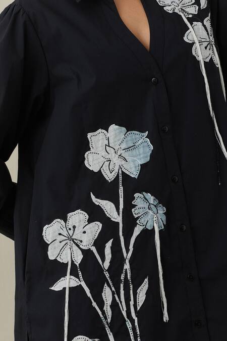 Shop Bunka Black 100% Cotton Embroidered Floral Applique Collared Nada Patchwork Shirt Online at Aza Fashions Shop_Bunka_Black 100% Cotton Embroidered Floral Applique Collared Nada Patchwork Shirt _Online_at_Aza_Fashions