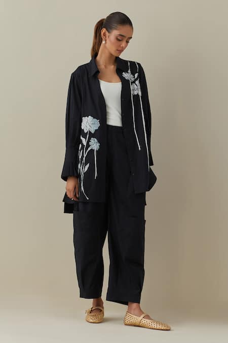 Bunka Black Cotton Poplin Plain Nada Cargo Pant Online at Aza Fashions Bunka_Black Cotton Poplin Plain Nada Cargo Pant _Online_at_Aza_Fashions