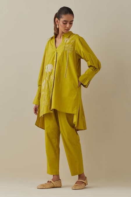Bunka Yellow Cotton Embroidery Collared Nada Floral Applique Shirt Online at Aza Fashions Bunka_Yellow Cotton Embroidery Collared Nada Floral Applique Shirt _Online_at_Aza_Fashions