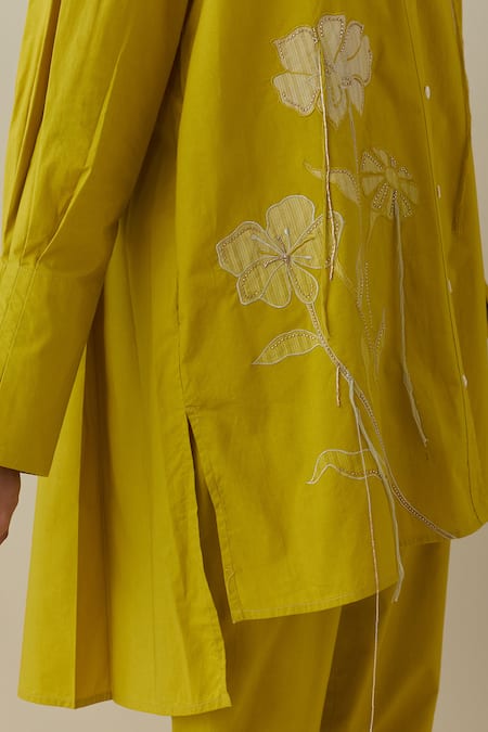 Shop Bunka Yellow Cotton Embroidery Collared Nada Floral Applique Shirt Online at Aza Fashions Shop_Bunka_Yellow Cotton Embroidery Collared Nada Floral Applique Shirt _Online_at_Aza_Fashions