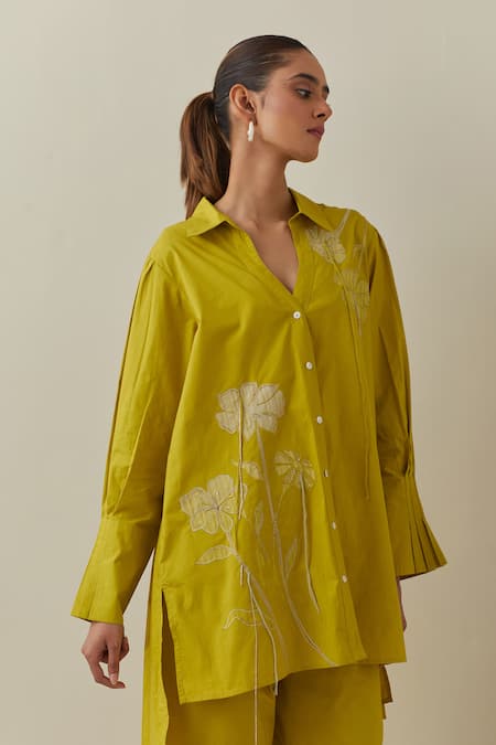 Bunka Yellow Cotton Embroidery Collared Nada Floral Applique Shirt at Aza Fashions Bunka_Yellow Cotton Embroidery Collared Nada Floral Applique Shirt _at_Aza_Fashions