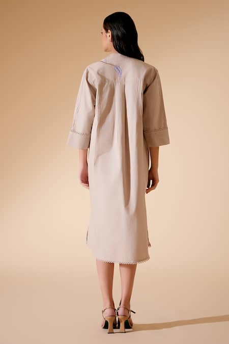 Shop_Bunka_Beige Cotton, Poplin Embroidery Collared Nella Chintz Floral Dress _at_Aza_Fashions