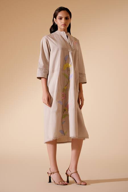 Bunka_Beige Cotton, Poplin Embroidery Collared Nella Chintz Floral Dress _Online_at_Aza_Fashions
