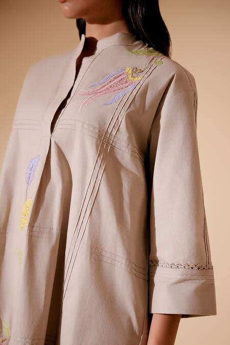 Buy_Bunka_Beige Cotton, Poplin Embroidery Collared Nella Chintz Floral Dress _Online_at_Aza_Fashions