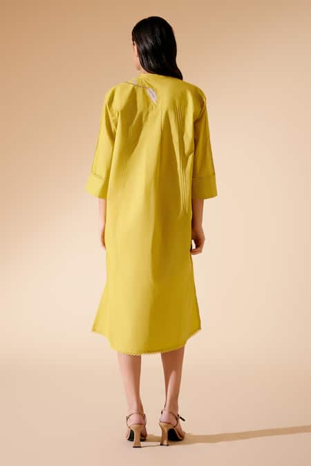 Shop_Bunka_Yellow Cotton Embroidery Collared Nella Chintz Dress _at_Aza_Fashions