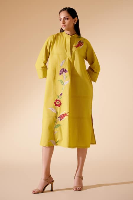 Bunka_Yellow Cotton Embroidery Collared Nella Chintz Dress _Online_at_Aza_Fashions