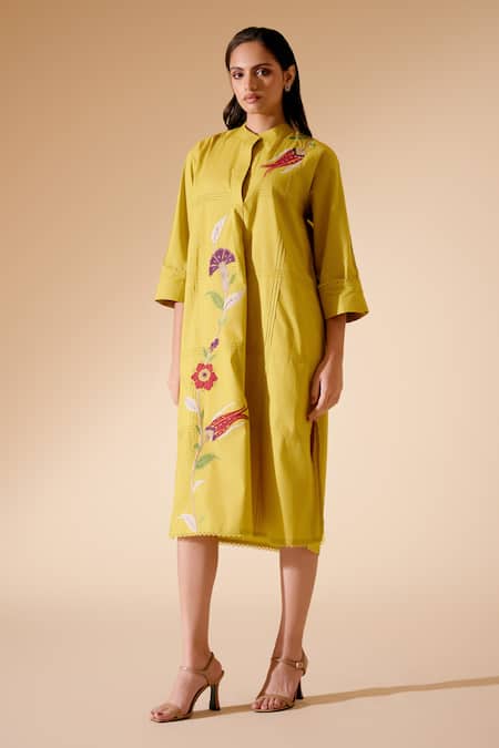 Buy_Bunka_Yellow Cotton Embroidery Collared Nella Chintz Dress _Online_at_Aza_Fashions
