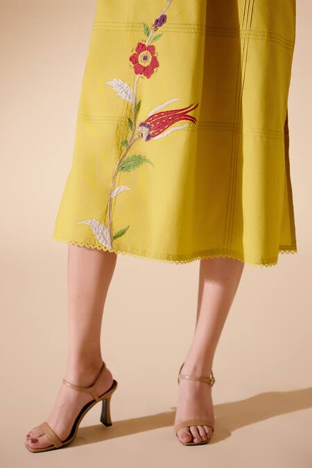 Shop_Bunka_Yellow Cotton Embroidery Collared Nella Chintz Dress _Online_at_Aza_Fashions