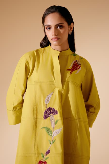 Bunka_Yellow Cotton Embroidery Collared Nella Chintz Dress _at_Aza_Fashions