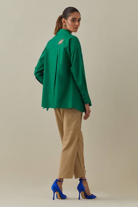 Shop_Bunka_Green 100% Cotton Poplin Embroidery 3d Floral Collared Neck Nina Shirt _at_Aza_Fashions