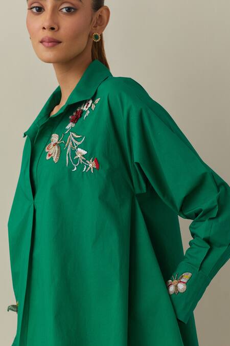 Shop_Bunka_Green 100% Cotton Poplin Embroidery 3d Floral Collared Neck Nina Shirt _Online_at_Aza_Fashions