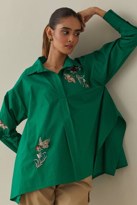Bunka_Green 100% Cotton Poplin Embroidery 3d Floral Collared Neck Nina Shirt _at_Aza_Fashions
