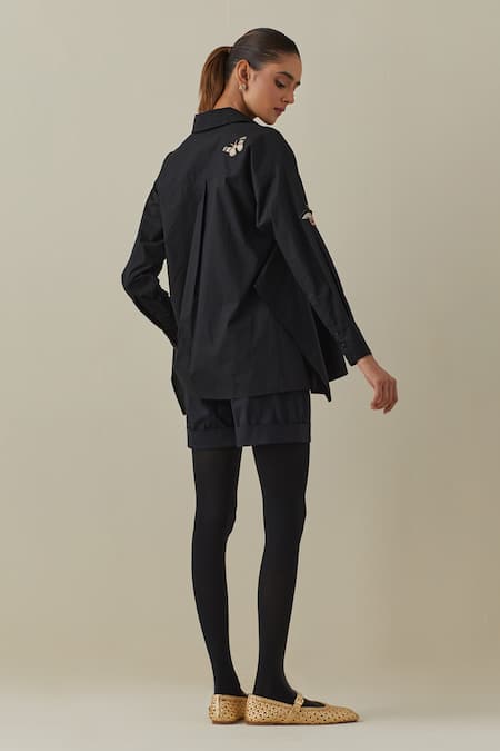 Shop Bunka Black 100% Cotton Poplin Embroidery 3d Floral Collared Neck Nina Shirt at Aza Fashions Shop_Bunka_Black 100% Cotton Poplin Embroidery 3d Floral Collared Neck Nina Shirt _at_Aza_Fashions