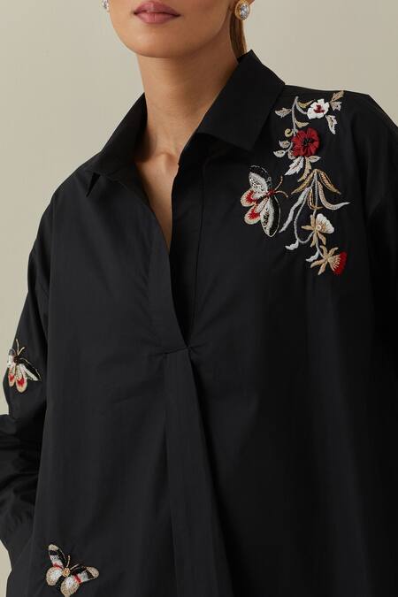 Bunka Black 100% Cotton Poplin Embroidery 3d Floral Collared Neck Nina Shirt Online at Aza Fashions Bunka_Black 100% Cotton Poplin Embroidery 3d Floral Collared Neck Nina Shirt _Online_at_Aza_Fashions